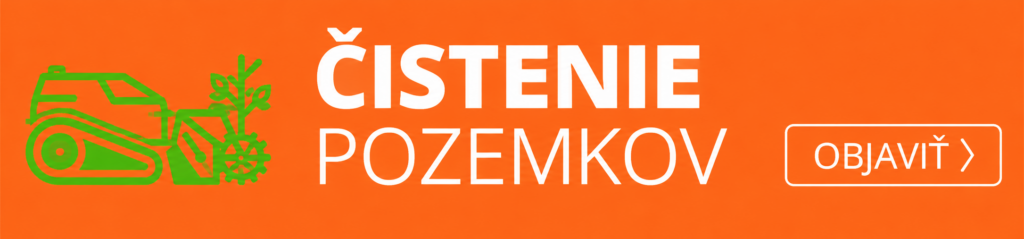 Oranžový reklamný banner s ilustráciou pásového stroja na čistenie pozemkov, nápisom Čistenie pozemkov a tlačidlom Objaviť.