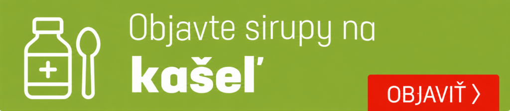 Zelený reklamný banner s bielou ikonou fľaštičky sirupu a lyžičky, nápisom Objavte sirupy na kašeľ a červeným tlačidlom Objaviť.